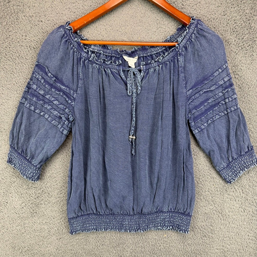 Cato Womens Blue Acid Wash Boho Peasant Top Smocked Ruffle Blouse Medium
